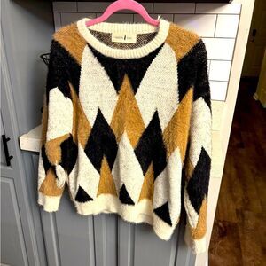 Women's Geometric Sweater - Black, White, and Tan